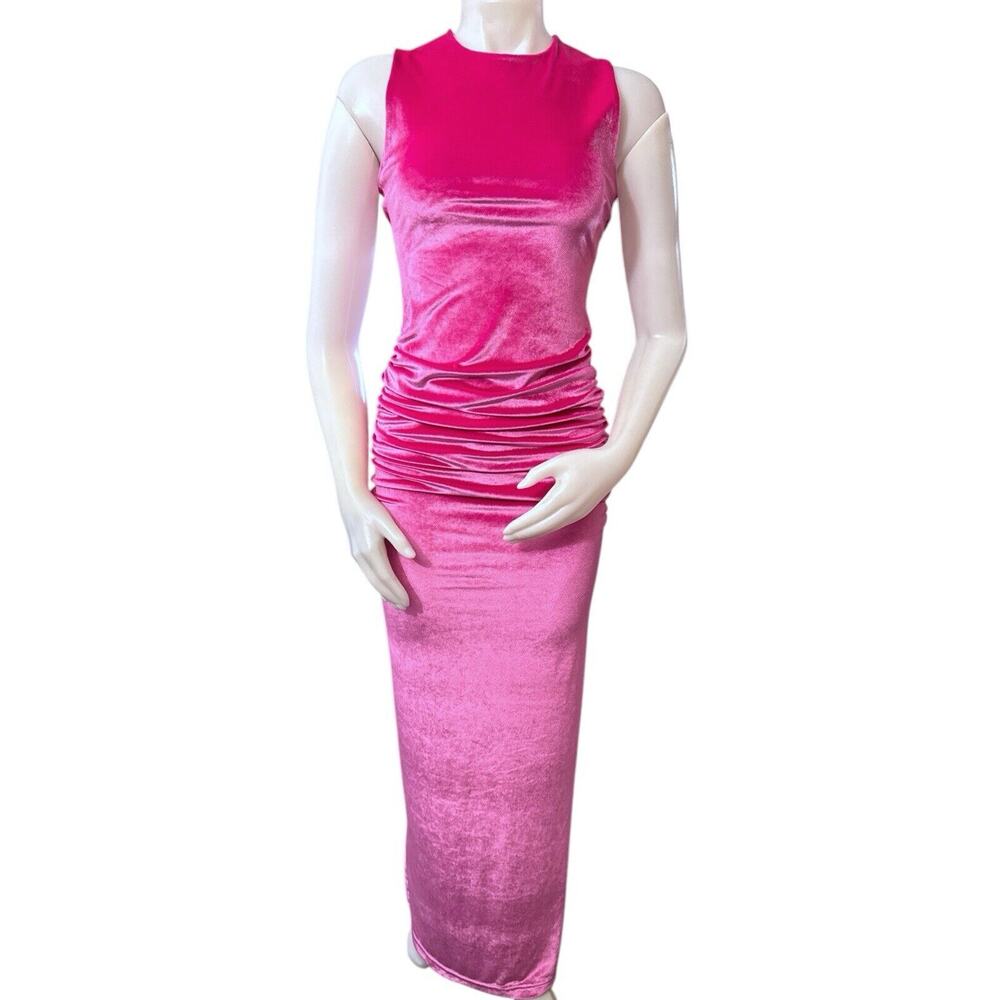 With Harper Lu Ruched Velvet Maxi Dress Pink  Fuchsia Size S